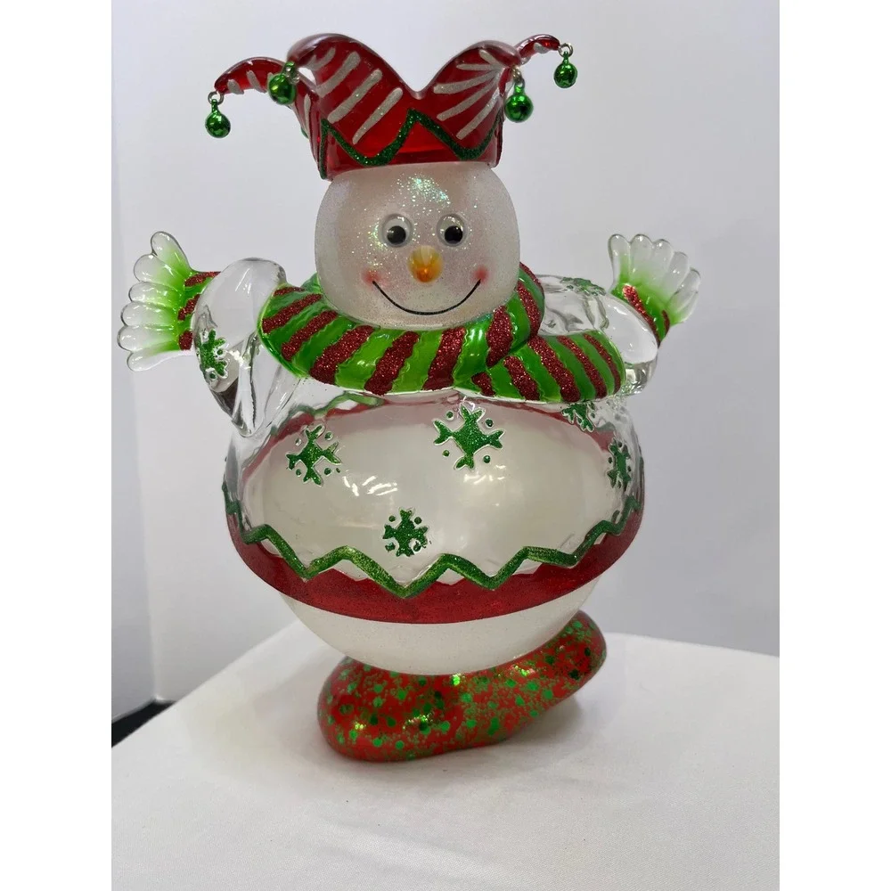 Snowman Jester Figurine Christmas Holiday Decor Glass Glitter Bells 9.5 Inch